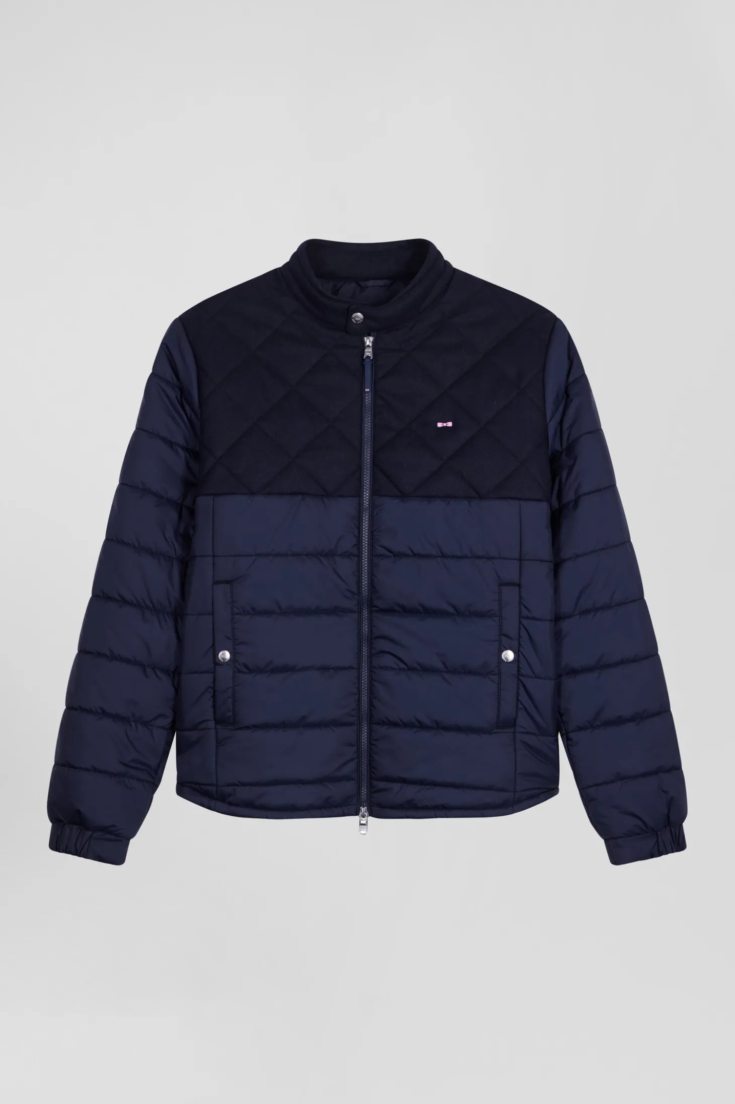 Navy blue long-sleeved double quilted high collar down jacket