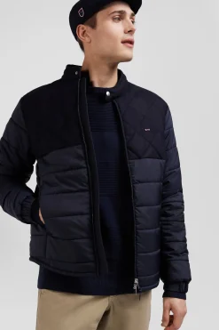 Navy blue long-sleeved double quilted high collar down jacket