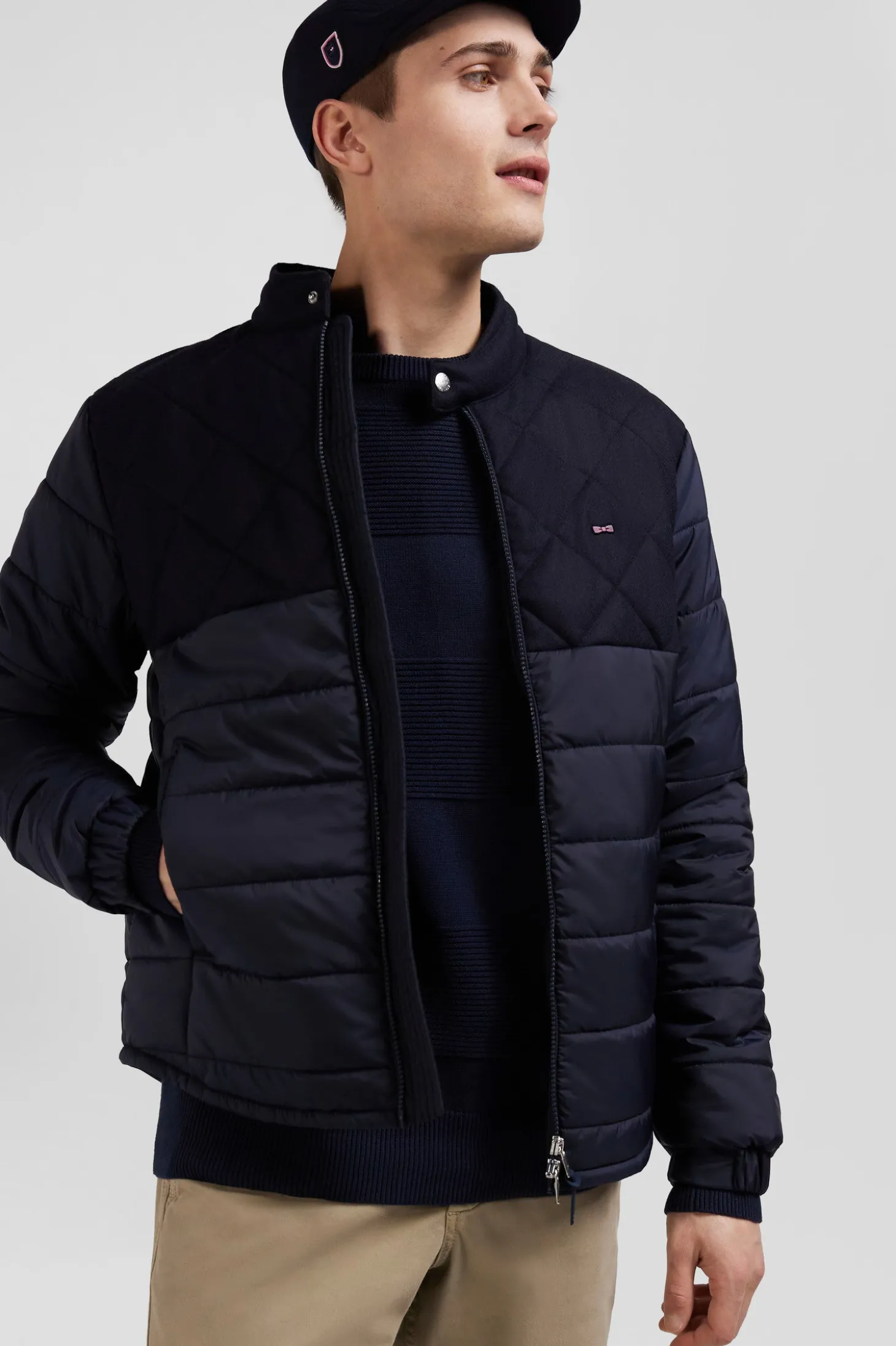 Navy blue long-sleeved double quilted high collar down jacket