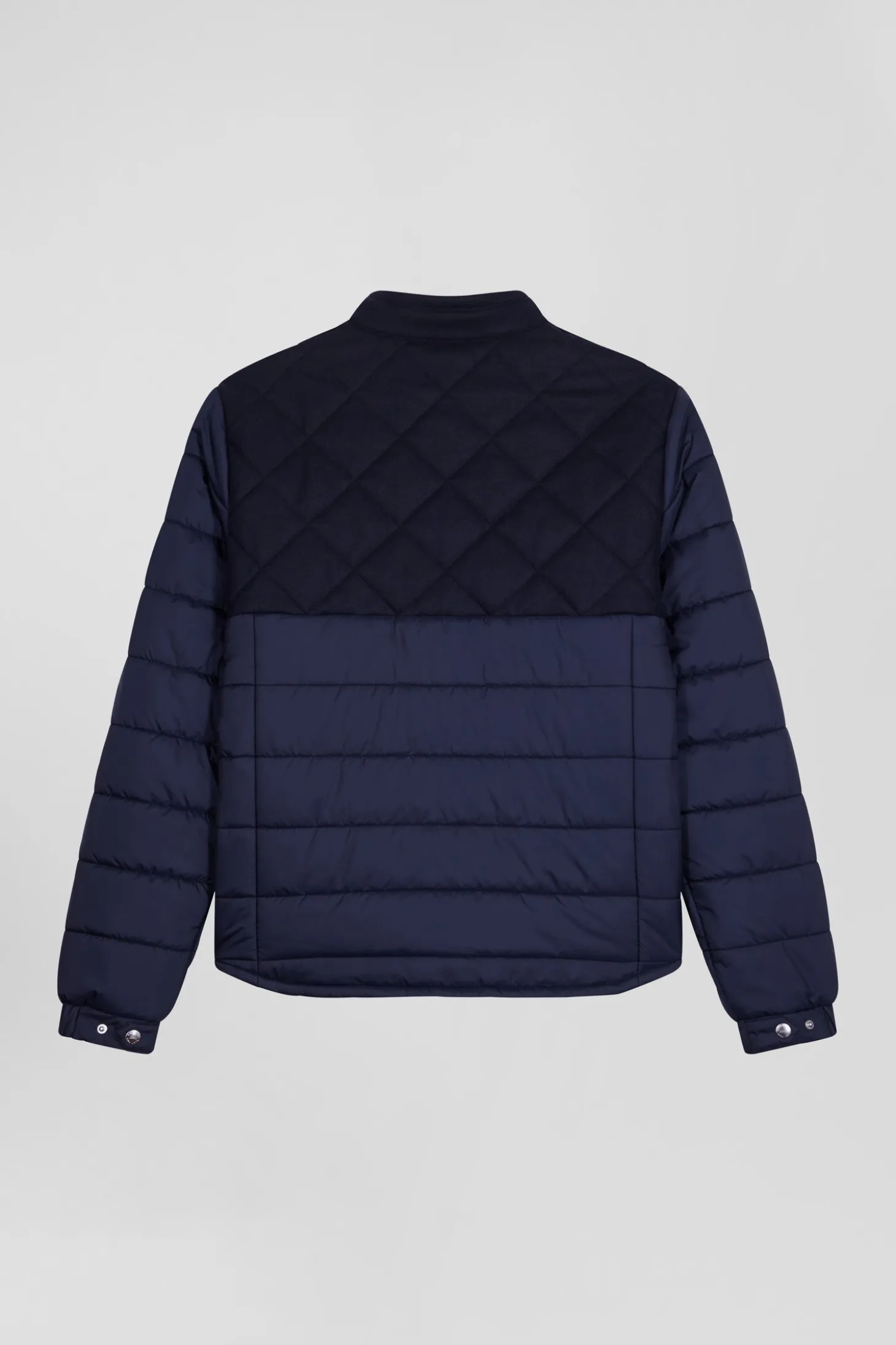 Navy blue long-sleeved double quilted high collar down jacket