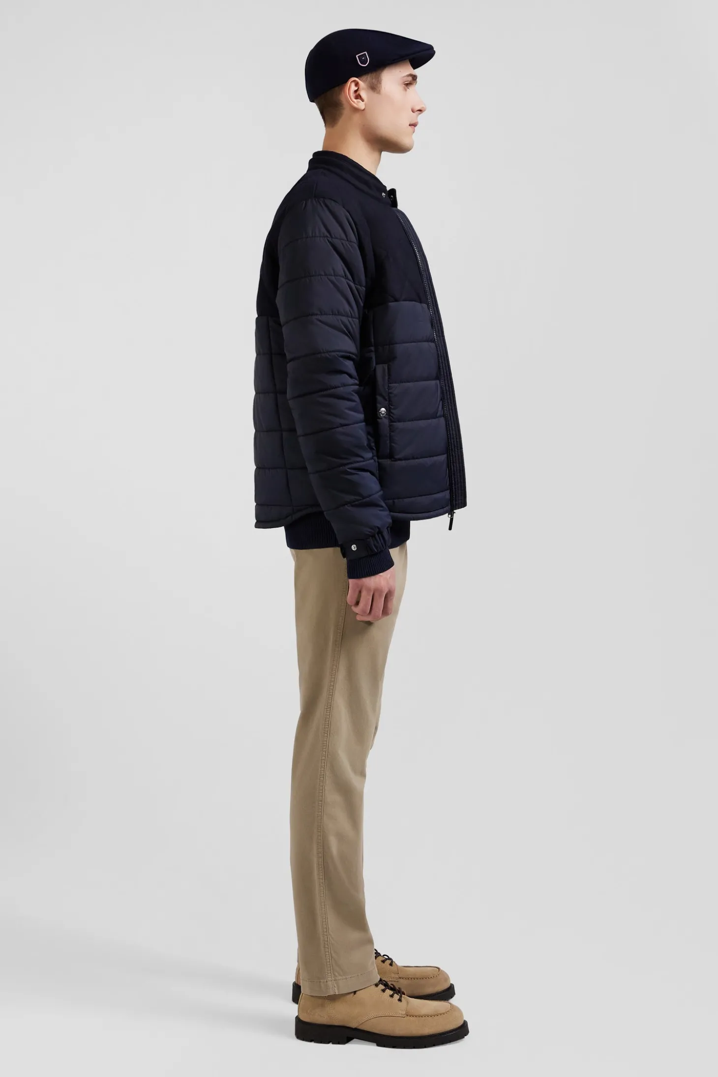 Navy blue long-sleeved double quilted high collar down jacket