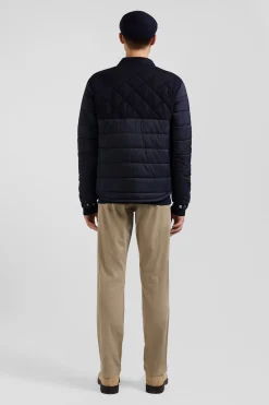Navy blue long-sleeved double quilted high collar down jacket