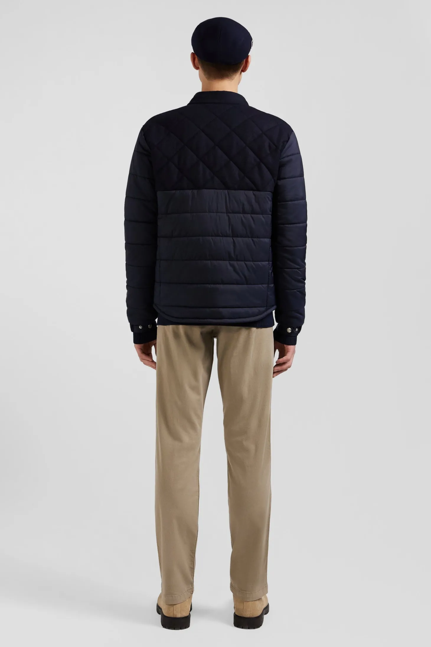 Navy blue long-sleeved double quilted high collar down jacket