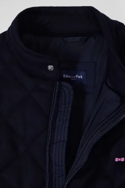 Navy blue long-sleeved double quilted high collar down jacket