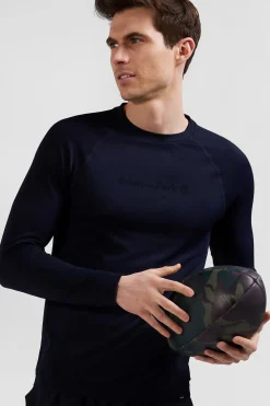 Navy blue long-sleeved sports T-shirt with striped details