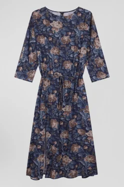 Navy blue lyocell floral dress with long sleeves