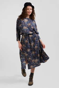Navy blue lyocell floral dress with long sleeves