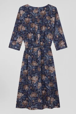 Navy blue lyocell floral dress with long sleeves