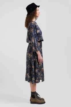 Navy blue lyocell floral dress with long sleeves