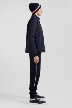 Navy blue matte nylon windbreaker with striped back embroidery