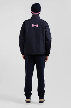 Navy blue matte nylon windbreaker with striped back embroidery