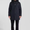 Navy blue nylon parka with removable hood