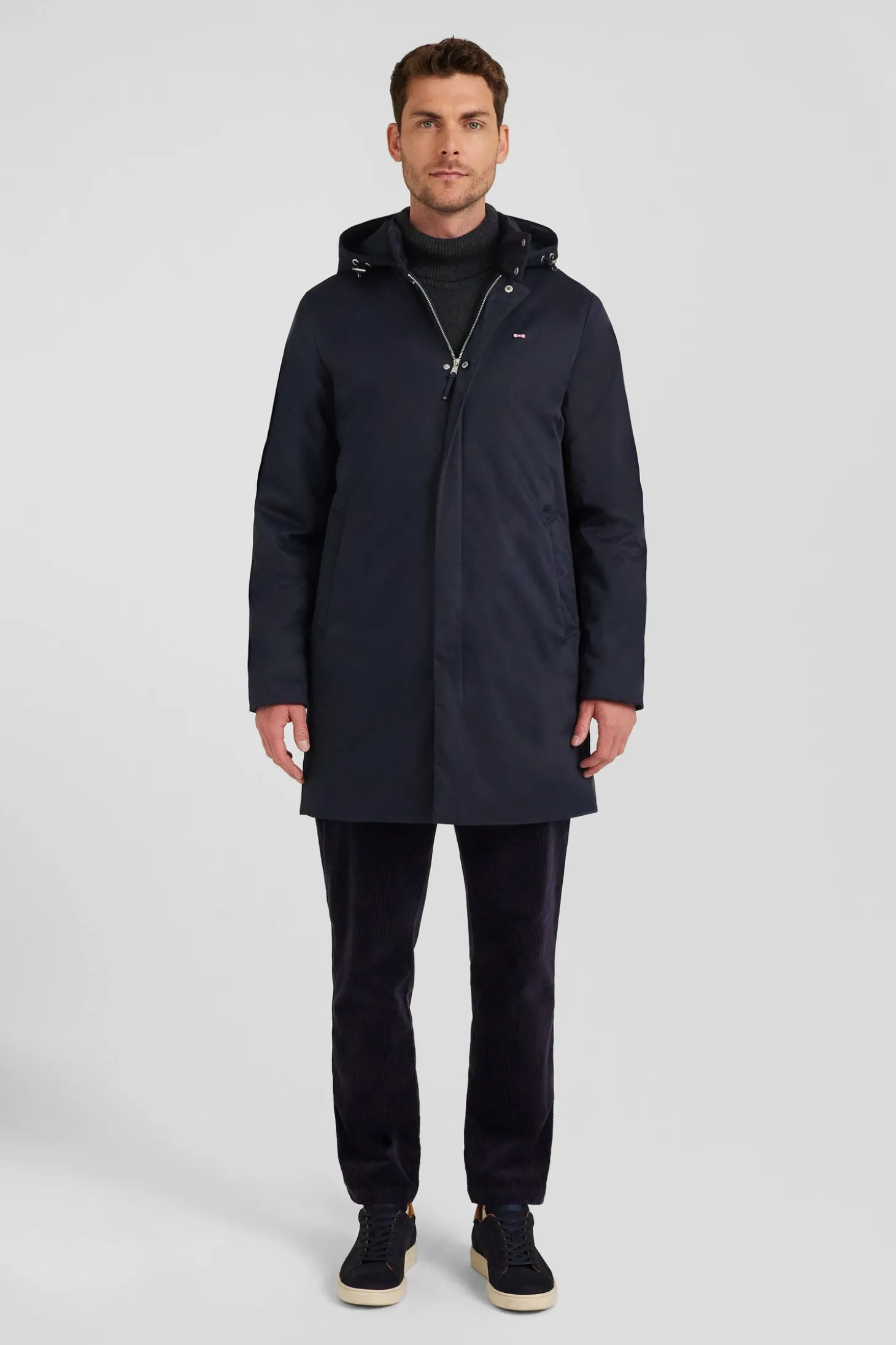 Navy blue nylon parka with removable hood