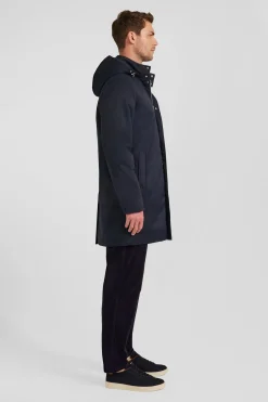 Navy blue nylon parka with removable hood