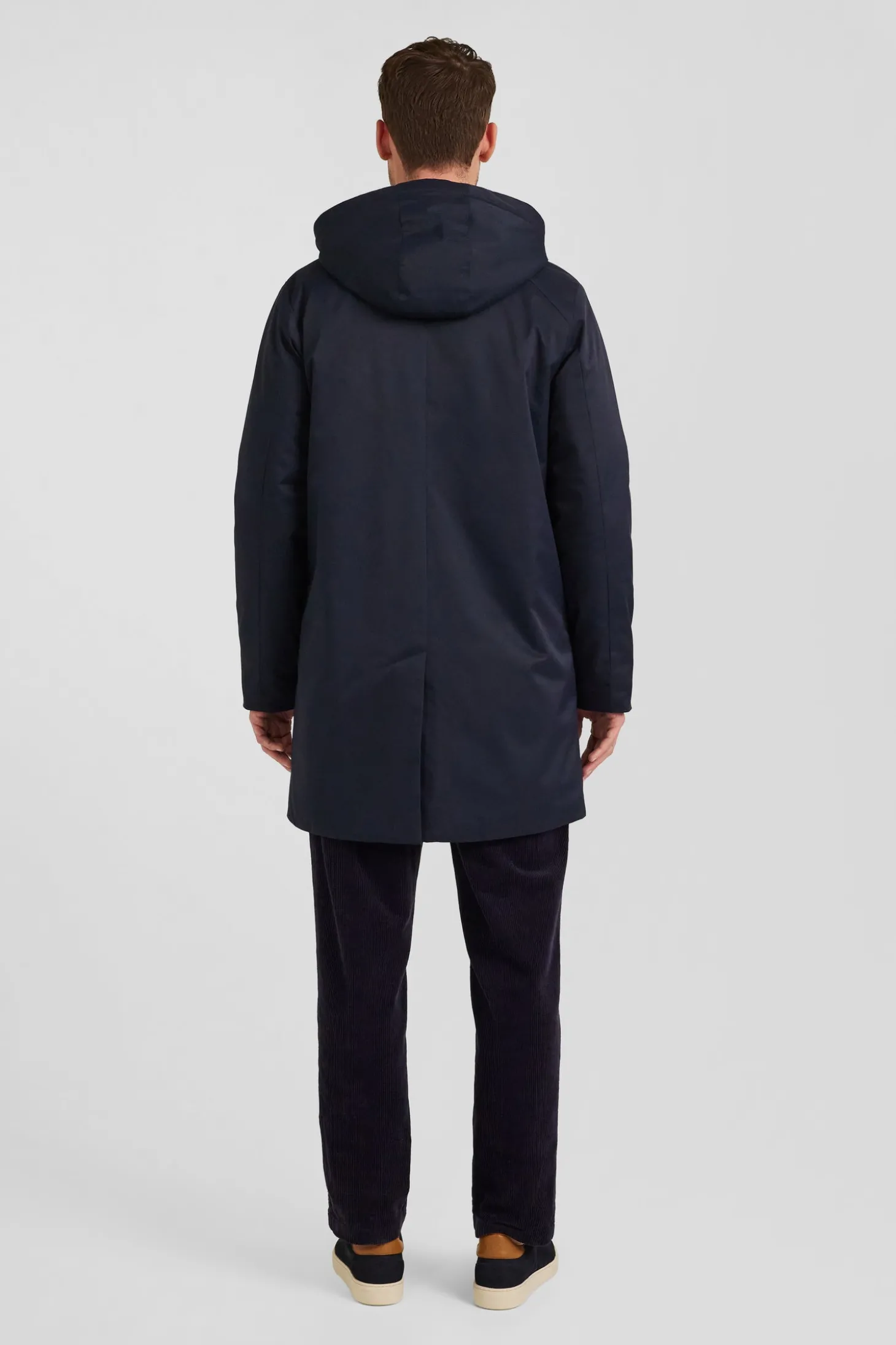 Navy blue nylon parka with removable hood