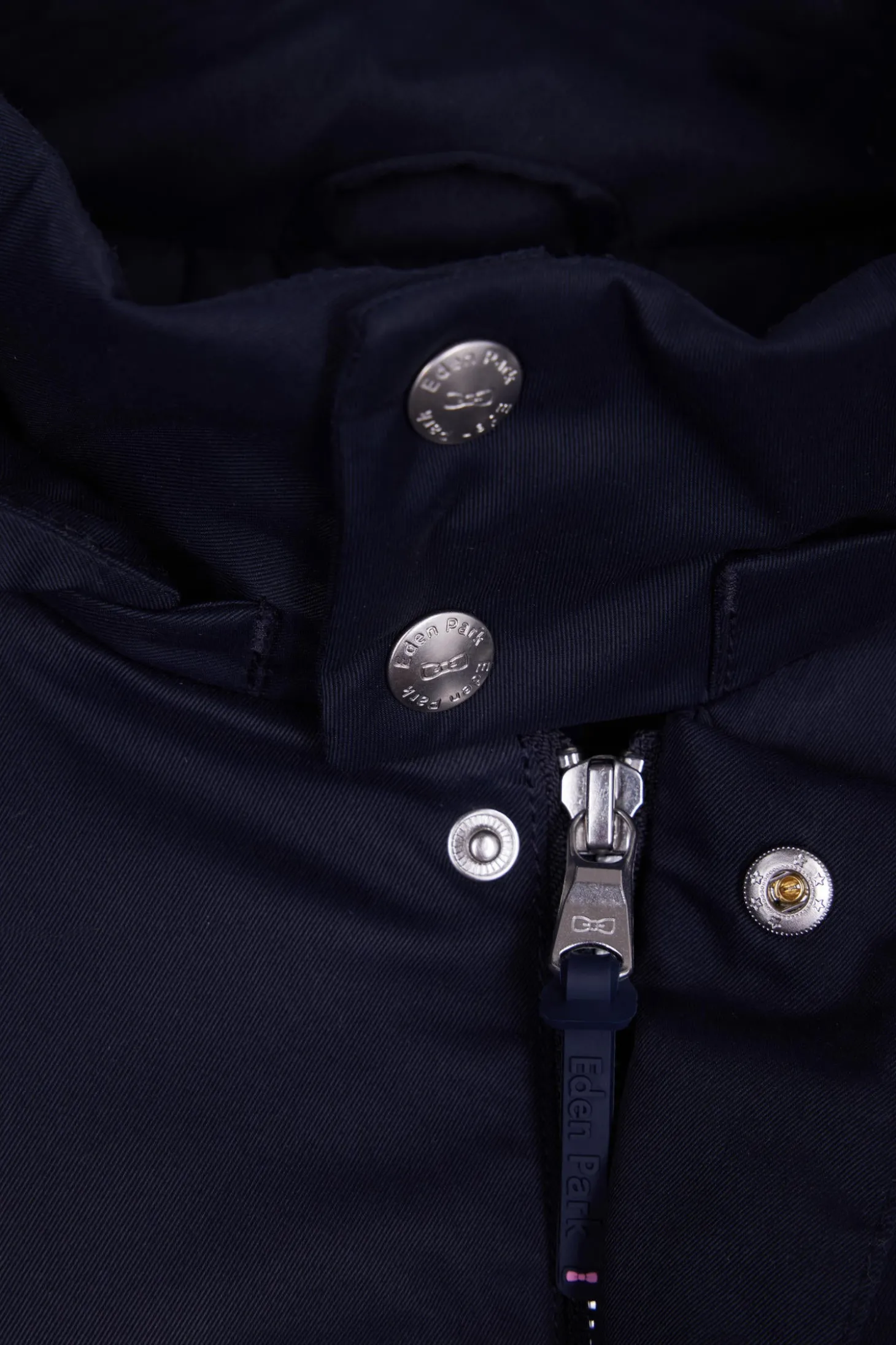 Navy blue nylon parka with removable hood
