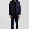 Navy blue quilted sleeveless high collar down vest