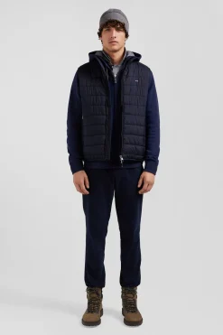 Navy blue quilted sleeveless high collar down vest