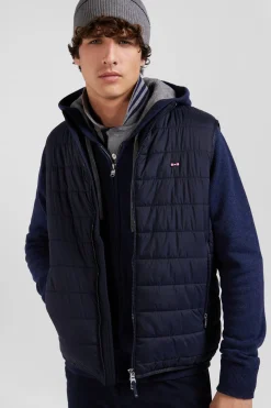 Navy blue quilted sleeveless high collar down vest