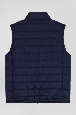 Navy blue quilted sleeveless high collar down vest