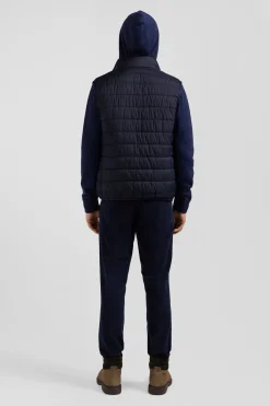 Navy blue quilted sleeveless high collar down vest