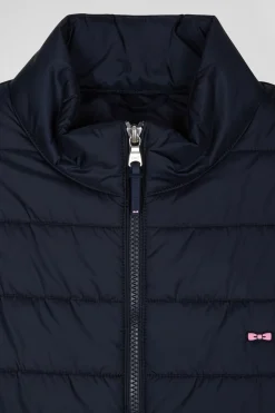 Navy blue quilted sleeveless high collar down vest