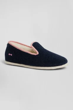 Navy blue shearling slippers with pink trim