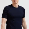 Navy blue short-sleeved sports T-shirt with striped details