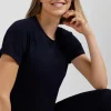 Navy blue short-sleeved sports T-shirt with striped details