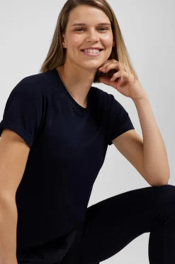 Navy blue short-sleeved sports T-shirt with striped details