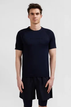 Navy blue short-sleeved sports T-shirt with striped details