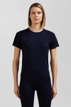 Navy blue short-sleeved sports T-shirt with striped details