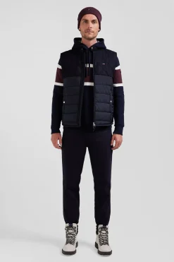Navy blue sleeveless double quilted high collar down vest