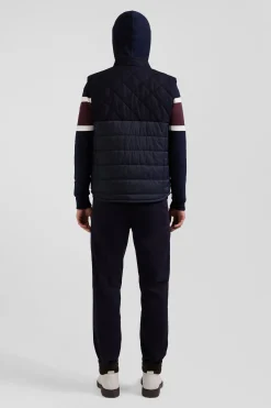 Navy blue sleeveless double quilted high collar down vest