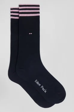 Navy blue socks with striped details in stretch cotton