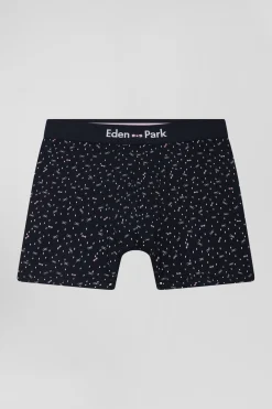 Navy blue stretch cotton boxers with micro bow tie patterns