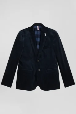 Navy blue stretch cotton velvet jacket Modern fit