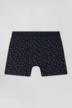 Navy blue stretch cotton boxers with micro bow tie patterns
