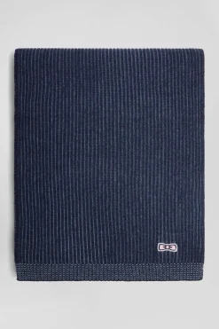 Navy blue striped wool and cotton scarf