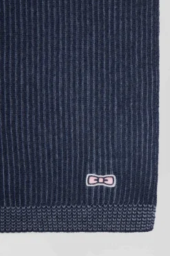 Navy blue striped wool and cotton scarf