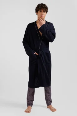 Navy blue terry cloth bathrobe