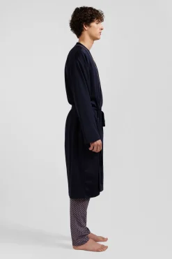 Navy blue terry cloth bathrobe