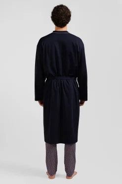 Navy blue terry cloth bathrobe