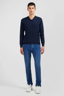 Navy blue V-neck cotton jersey jumper