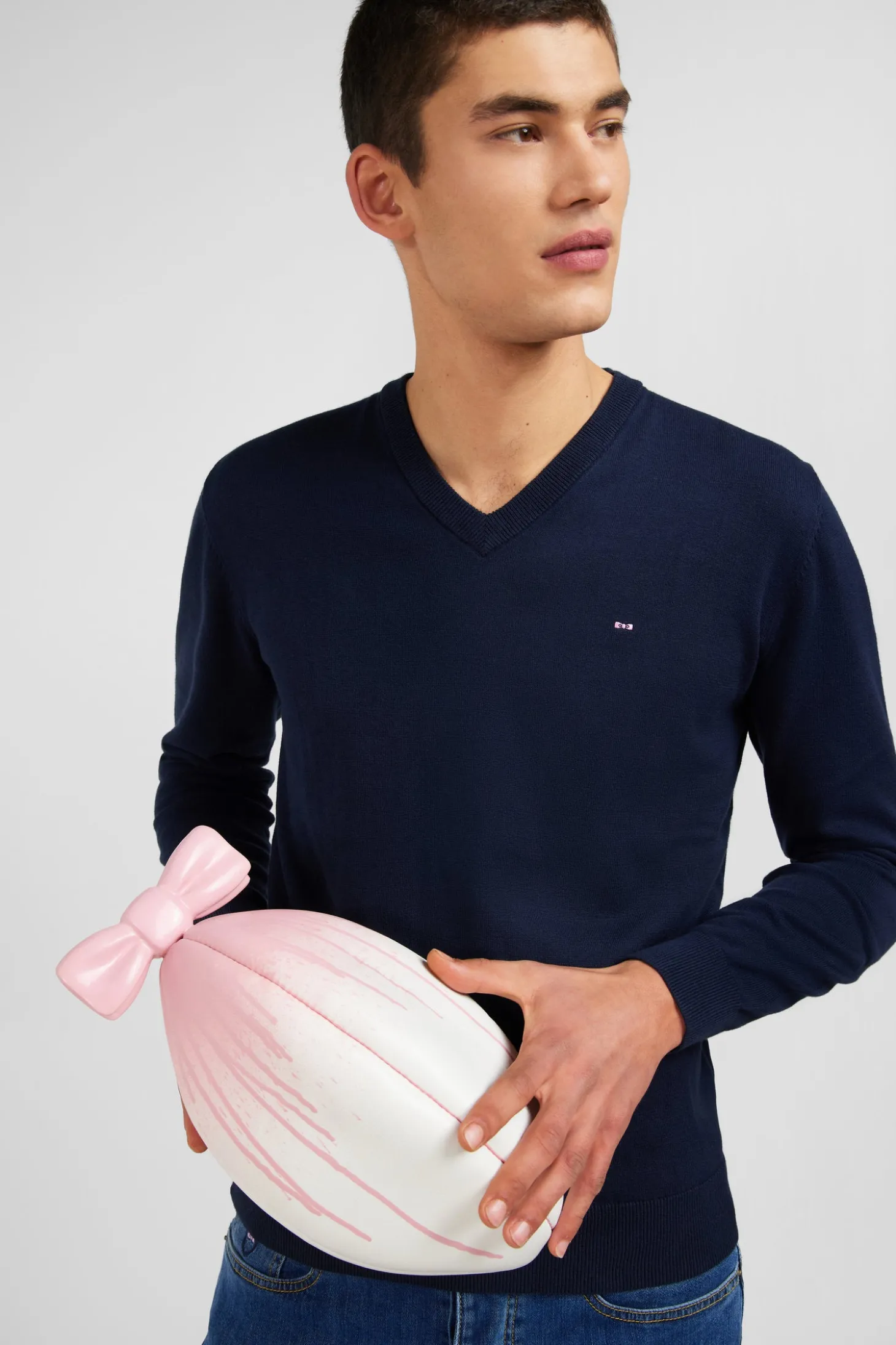 Navy blue V-neck cotton jersey jumper