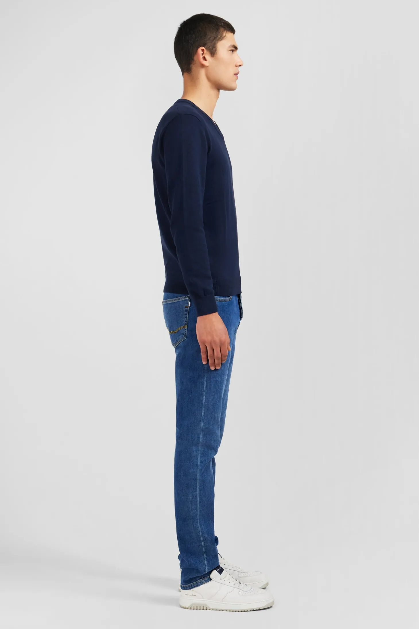 Navy blue V-neck cotton jersey jumper