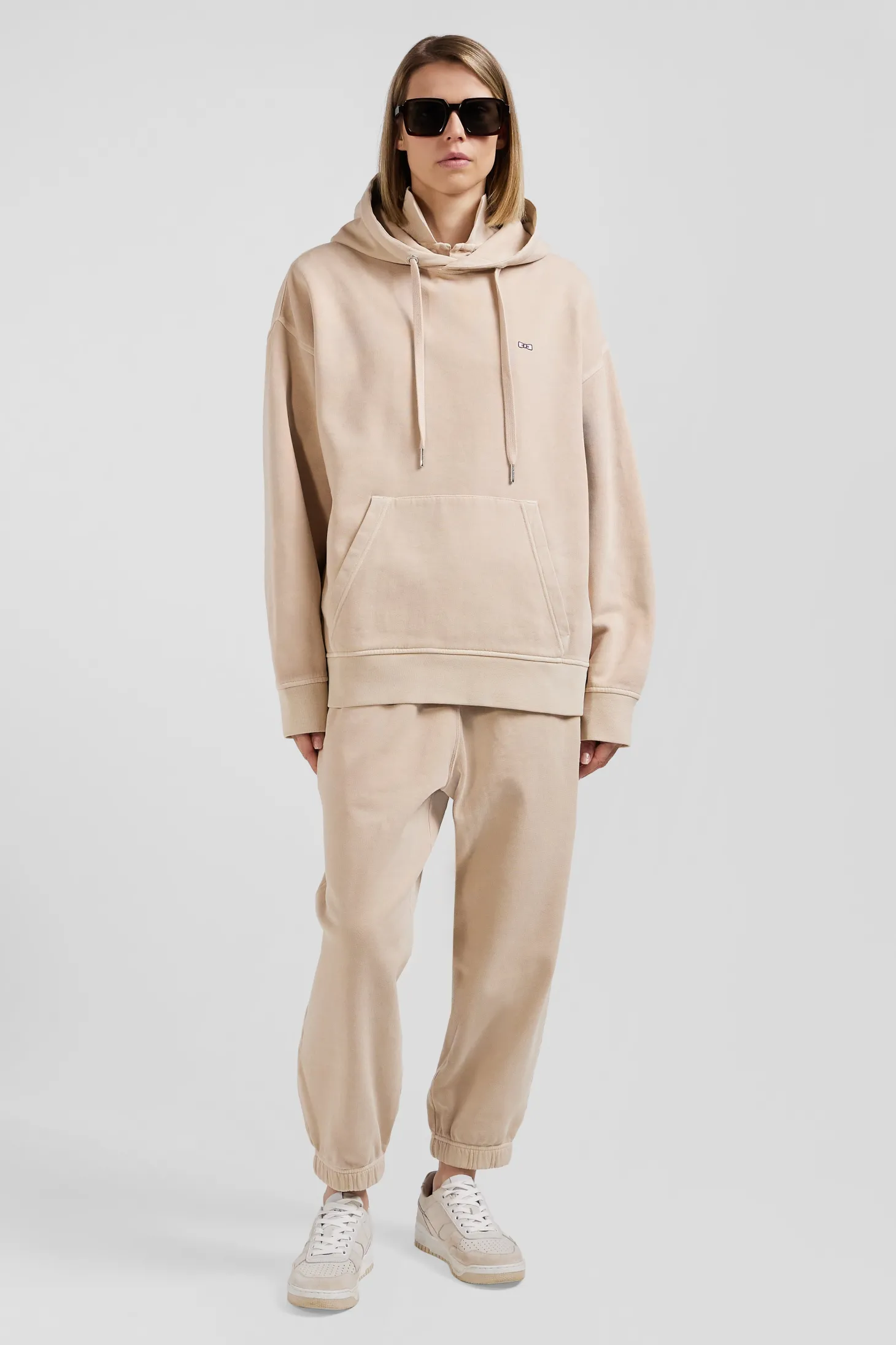 Oversize beige unisex dyed cotton fleece hoodie