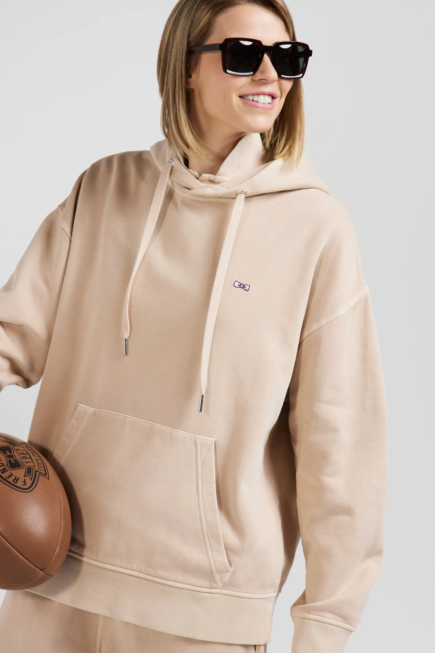 Oversize beige unisex dyed cotton fleece hoodie