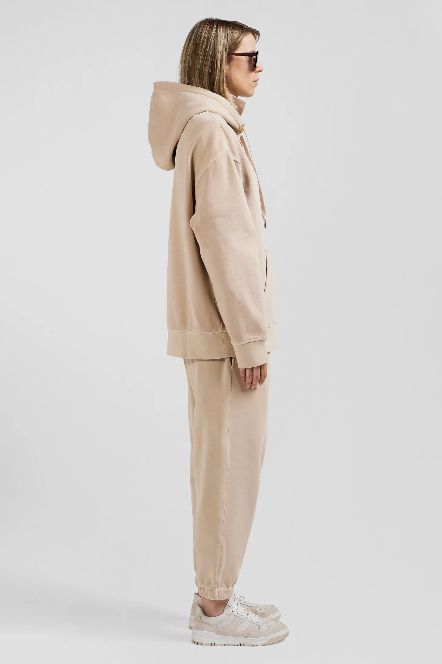 Oversize beige unisex dyed cotton fleece hoodie