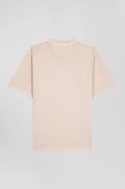 Oversize beige unisex short-sleeved T-shirt in overdyed cotton